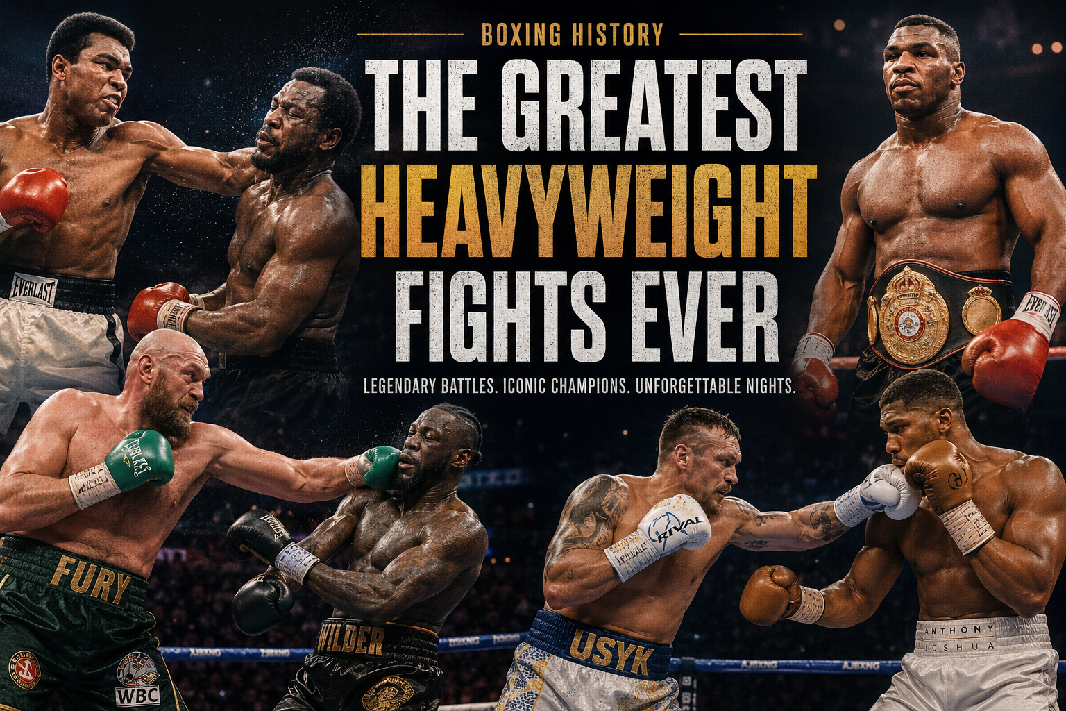 Historic heavyweight boxing champions exchange punches during a legendary world title fight in front of a packed arena.