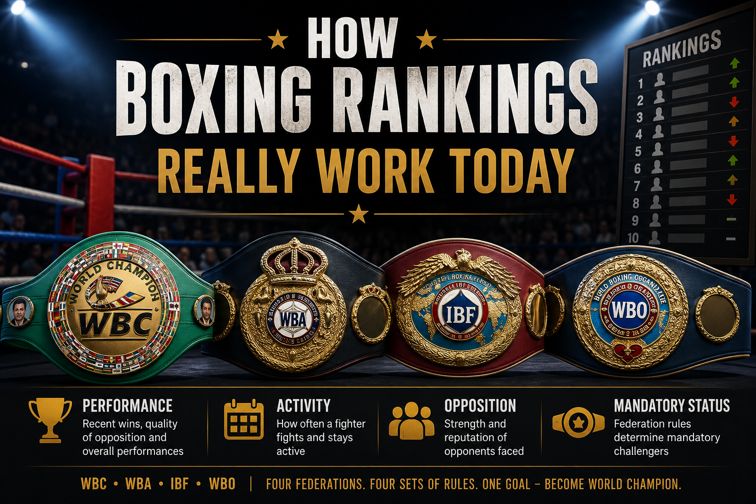Championship belts from the WBC, WBA, IBF and WBO displayed before a professional boxing event.