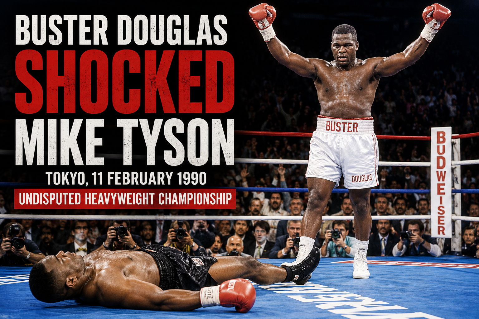 Buster Douglas celebrates after defeating Mike Tyson for the undisputed heavyweight championship in Tokyo.