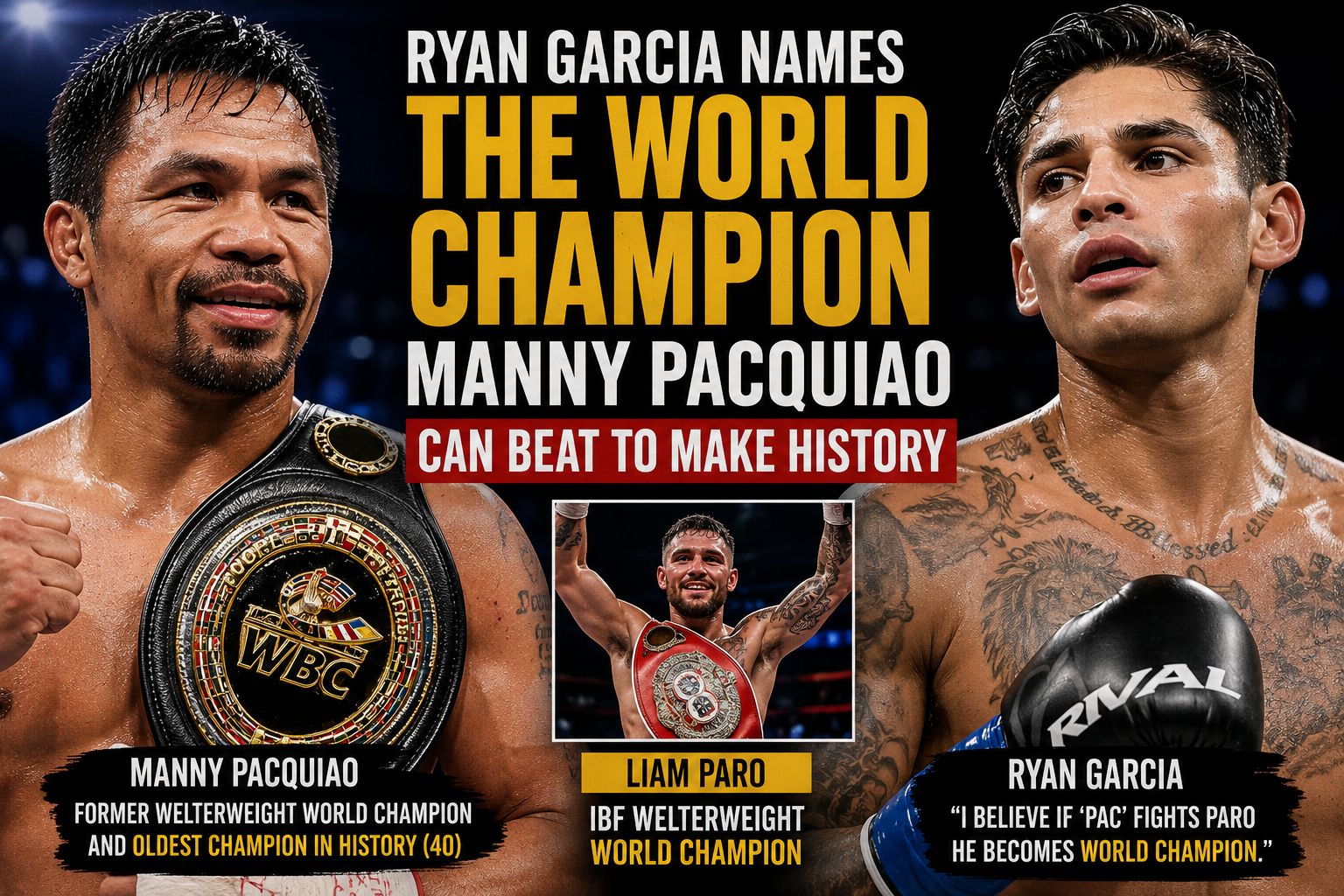 Ryan Garcia reacts after a fight while Manny Pacquiao celebrates victory with a world championship belt.