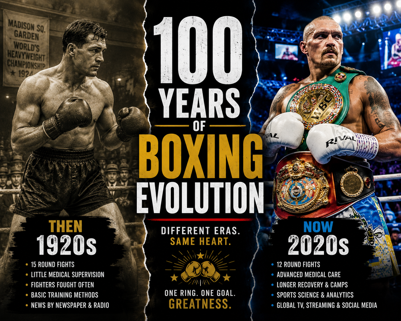 Split scene showing a 1920s boxer facing a modern heavyweight champion inside a boxing ring, highlighting a century of change in the sport.