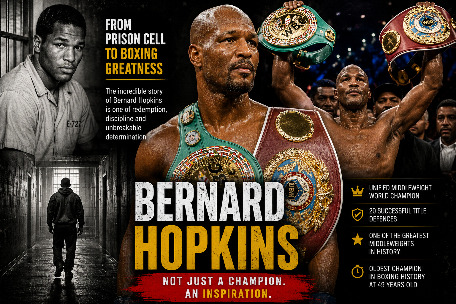 Bernard Hopkins raises his world championship belts after a title defence, celebrating one of boxing’s greatest comeback stories.