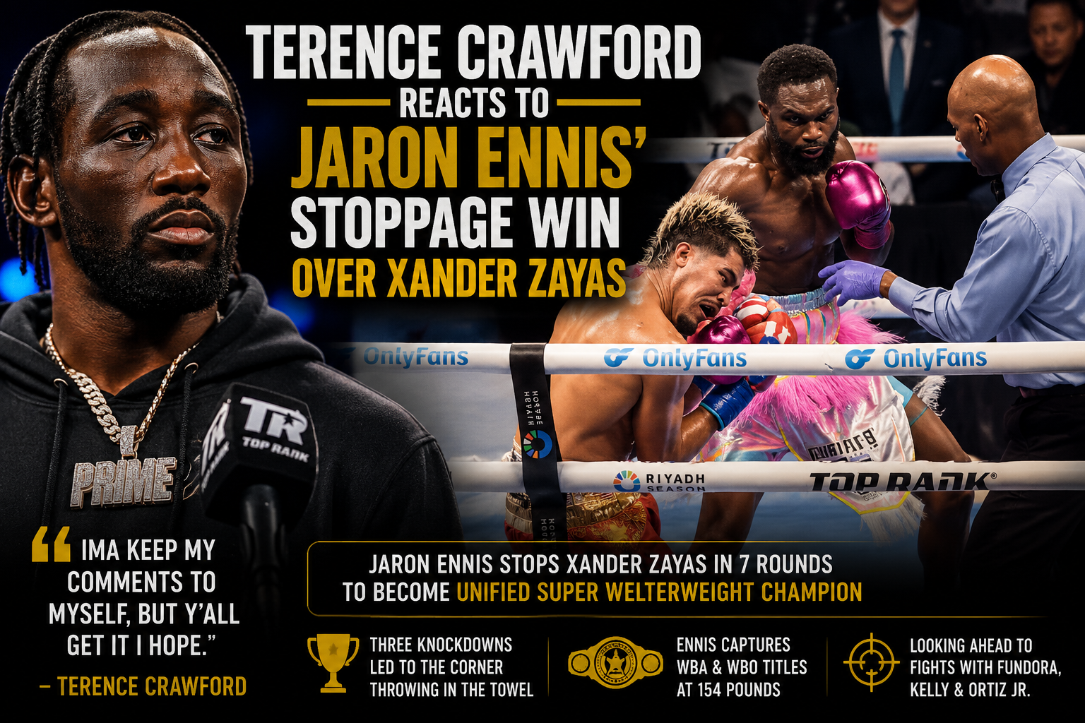 Jaron Ennis celebrates after stopping Xander Zayas as Terence Crawford watches on following the world title fight.
