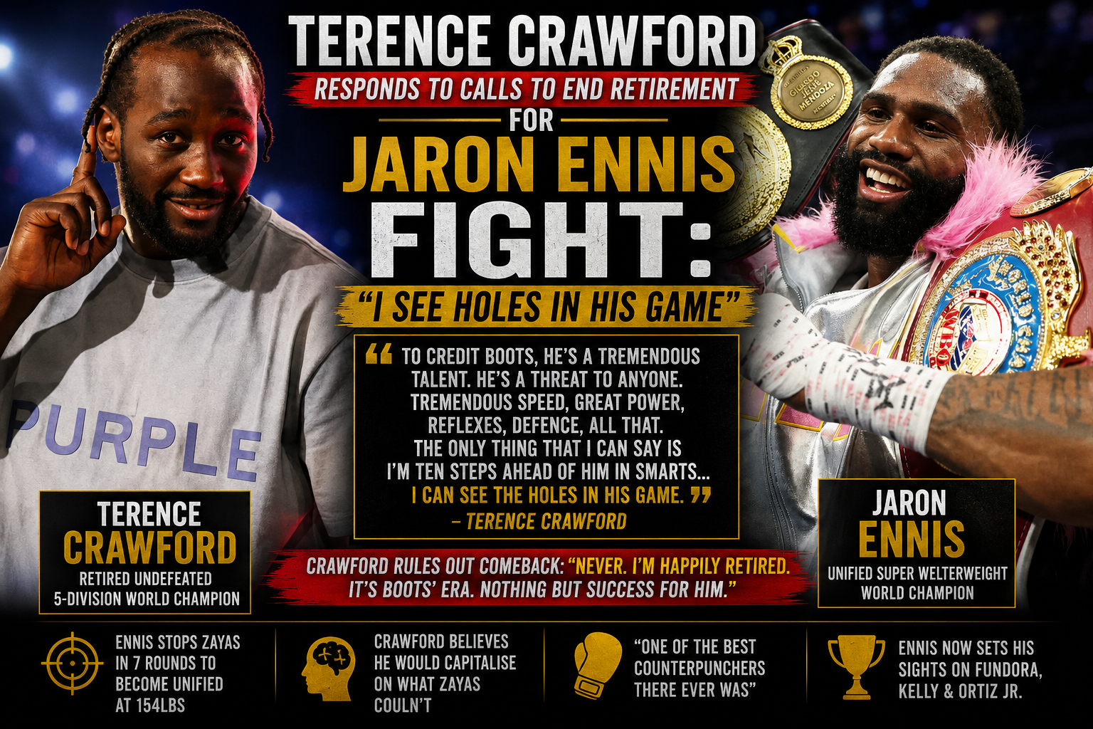 Terence Crawford speaks during an interview as Jaron Ennis celebrates after becoming unified super welterweight champion.